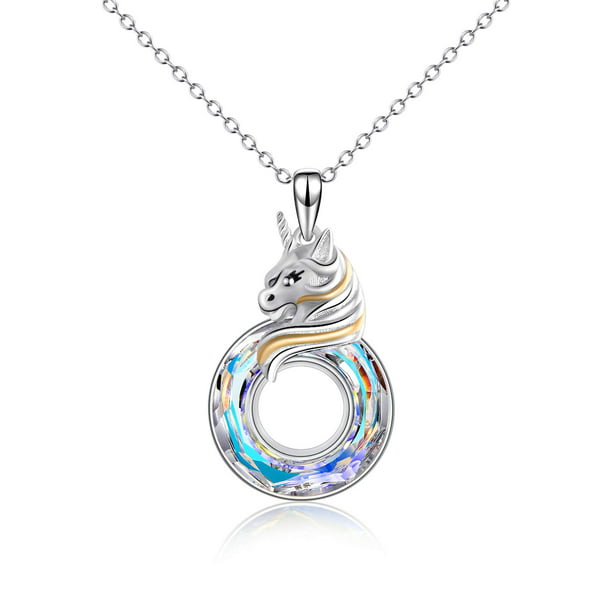 AOBOCO Unicorn Gifts Christmas Jewelry Gift for Women Teen Girls Sterling Silver Unicorn Pendant Necklace with Color-changed Circle Crystal 